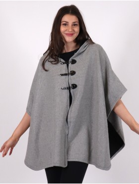 Soft Wool Feeling Hooded Cape W/ Faux Leather Buttons
